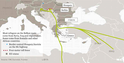 Οι δρόμοι που ακολουθούν οι πρόσφυγες που φθάνουν στα Βαλκάνια από τη Συρία το Ιράκ και το Αφγανιστάν, αλλά και μερικοί από την Σομαλία και άλλες αφρικανικές χώρες