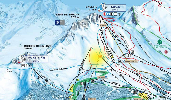 Ο χάρτης του Meribel και στο κίτρινο φόντο το σημείο του ατυχήματος