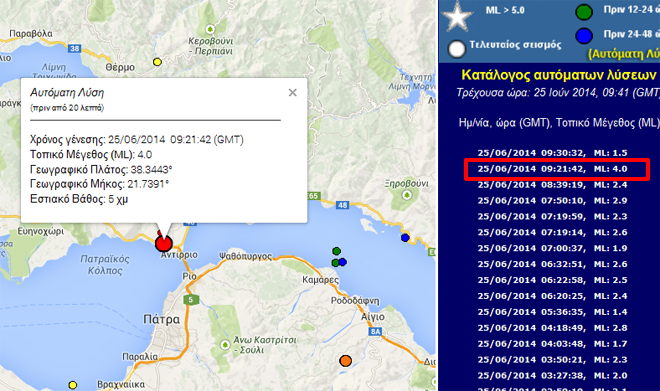 Το επίκεντρο της δόνησης σύμφωνα με προκαταρκτική εκτίμηση του Γεωδυναμικού Iνστιτούτου του Εθνικού Αστεροσκοπείου Αθηνών