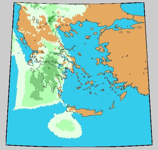 Αυτή αναμένεται να είναι η εικόνα το απόγευμα του Σαββάτου. Με σκούρο πράσινο οι έντονες βροχοπτώσεις.