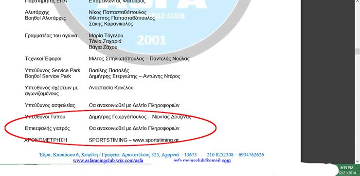 Στον κανονισμό του αγώνα δεν εμφανίζεται πουθενά το όνομα του επικεφαλής Ιατρού! Δείτε κάτω δεξιά την ώρα που σκανάραμε τη συγκεκριμένη σελίδα.