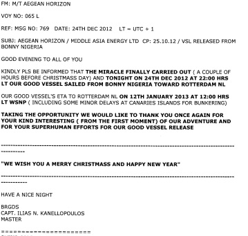 Το ευχαριστήριο τηλεγράφημα του καπετάνιου του «Aegean Horizon»