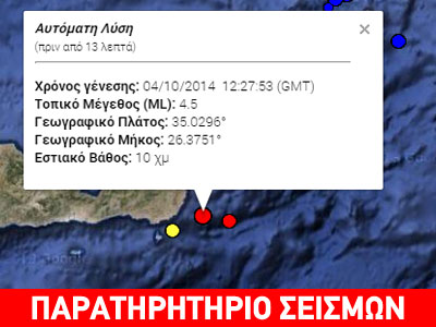 Σεισμός 4,5R νότια της Κρήτης