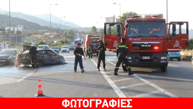 Στις φλόγες αυτοκίνητο μετά από τροχαίο στην εθνική οδό Ηρακλείου – Ρεθύμνου