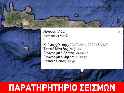 Σεισμός 3,4 ρίχτερ νοτιοδυτικά της Ιεράπετρας