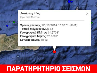 Σεισμός 4,4R νότια της Κρήτης