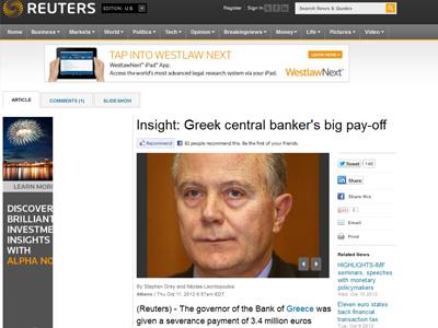 Reuters: Τα μεγάλα κέρδη του Διοικητή της Τράπεζας της Ελλάδος Reuters: Τα μεγάλα κέρδη του Διοικητή της Τράπεζας της Ελλάδος