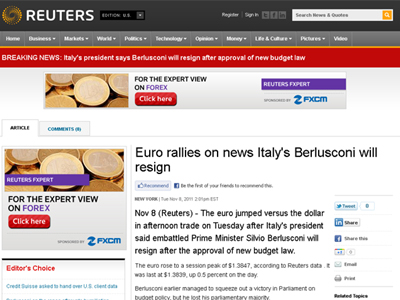Reuters: Ο Μπερλουσκόνι θα παραιτηθεί μετά την ψήφιση του προϋπολογισμού