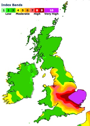 Χάρτης της επικινδυνότητας του ατμοσφαιρικού αέρα για την σημερινή ημέρα στην Βρετανία
