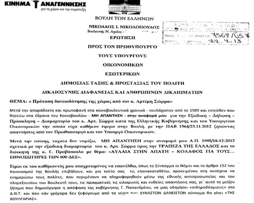 Ο Νίκος Νικολόπουλος υποβάλλει επίμονες ερωτήσεις στην κυβέρνηση. Και πάλι, σιγή ιχθύος