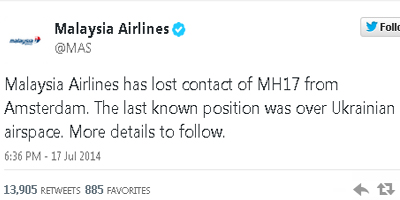 Η ανακοίνωση των Μαλαισιανών αερογραμμών ότι χάθηκε η επαφή με το αεροσκάφος στον ουκρανικό εναέριο χώρο