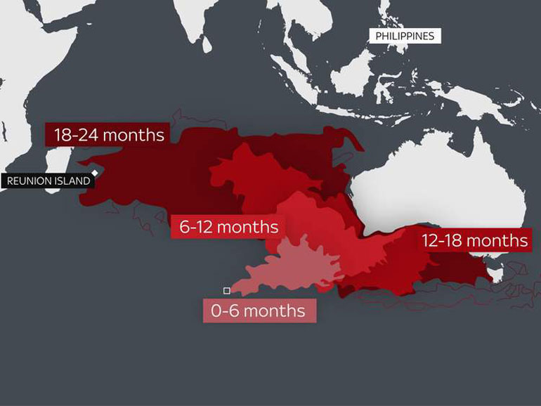 Sky News: Χάρτης με την εκτιμώμενη διασπορά των συντριμμιών στην πάροδο του χρόνου