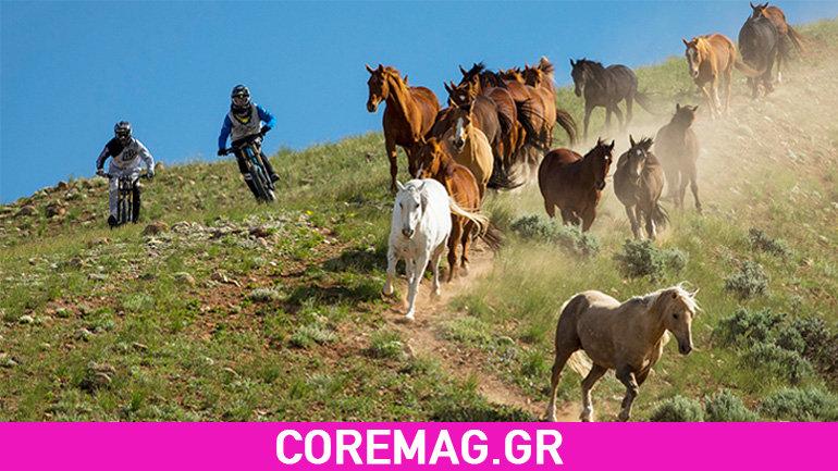 Δύο ποδηλάτες κατεβαίνουν το λόφο μαζί με άλογα