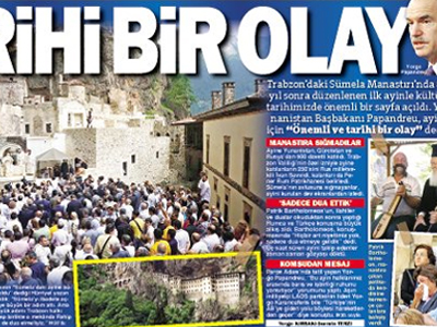 Η Θεία Λειτουργία στη Σουμελά στα τουρκικά πρωτοσέλιδα