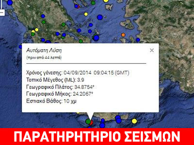 Σεισμός 3,9R νότια της Κρήτης