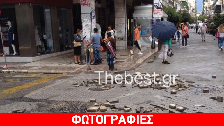 Ζημιές σε πεζόδρομο στην Πάτρα λόγω της νεροποντής