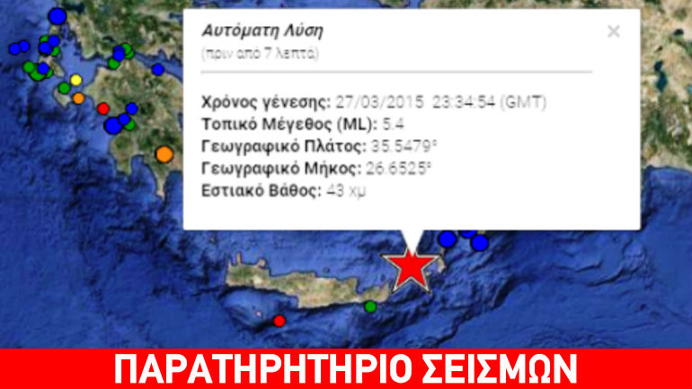 Σεισμός 5,4R ανατολικά της Κρήτης