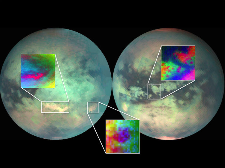 Πιθανές κρυοηφαιστειακές περιοχές στην επιφάνεια του Τιτάνα. Από αριστερά προς τα δεξιά διακρίνονται οι περιοχές Tui Regio, Hotei Regio και Sotra Patera (A. Solomonidou)
