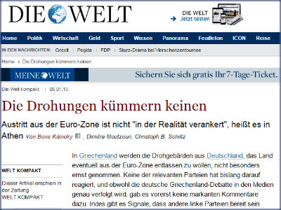 Die Welt: «Οι γερμανικές απειλές δεν απασχολούν κανέναν στην Ελλάδα»