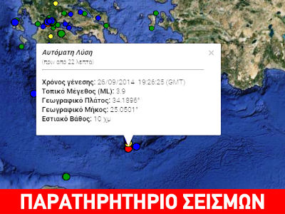 Σεισμός 3,9R νότια της Κρήτης
