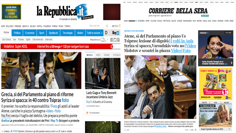 Πρώτο θέμα στα ιταλικά ΜΜΕ η ψηφοφορία στη Βουλή και τα επεισόδια στο Σύνταγμα