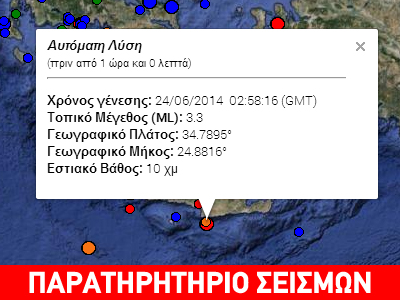 Σεισμική δόνηση 3,3 R νοτιοανατολικά του Ηρακλείου