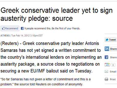 Reuters: Ο Αντ. Σαμαράς θα υπογράψει την επιστολή δέσμευσης