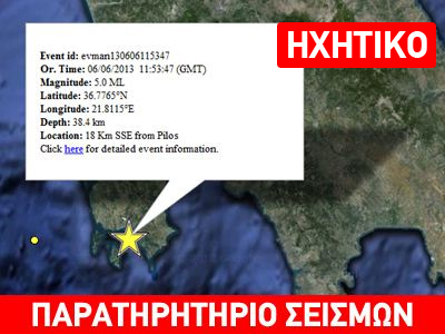 Ισχυρός σεισμός 5,0R νοτιοανατολικά της Πύλου