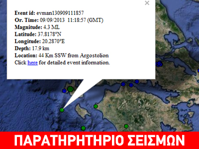 Σεισμός 4,3R βορειοδυτικά της Ζακύνθου