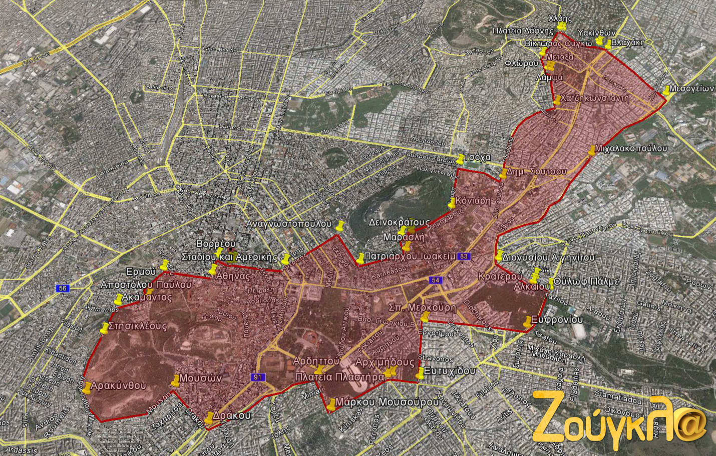 Ο χάρτης με την απαγόρευση συγκεντρώσεων και πορειών