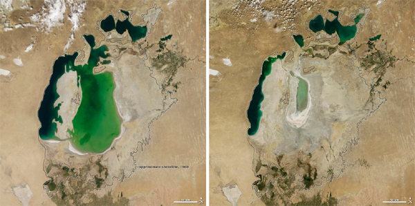 Από αριστερά προς δεξιά: Η λίμνη Αράλη το 2000 και το 2009