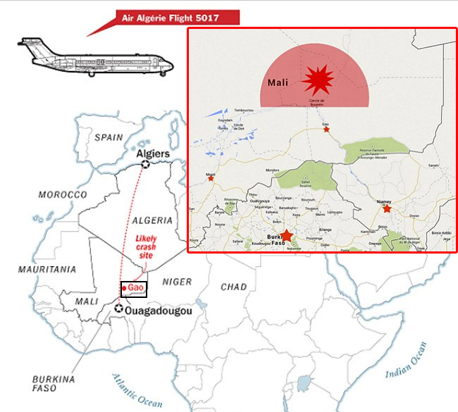 Χάρτης με το σημείο της συντριβής. Σε μαύρο περίγραμμα η πόλη Γκάο