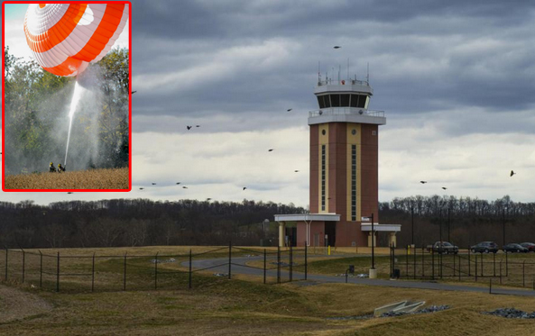 Το τοπικό αεροδρόμιο του Φρέντερικ - Στην ένθετη το αλεξίπτωτο του αεροσκάφους