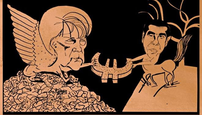 Η... Σφίγγα Μέρκελ κοιτάει βλοσυρά τον... Κένταυρο Τσίπρα