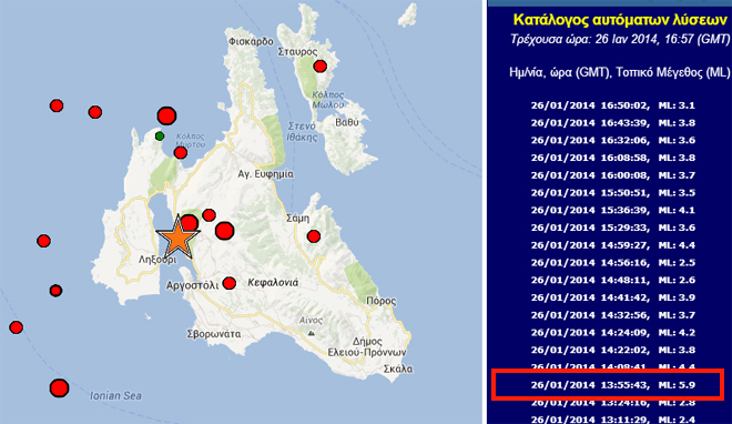 Χάρτης με τις σεισμικές δονήσεις που ακολούθησαν