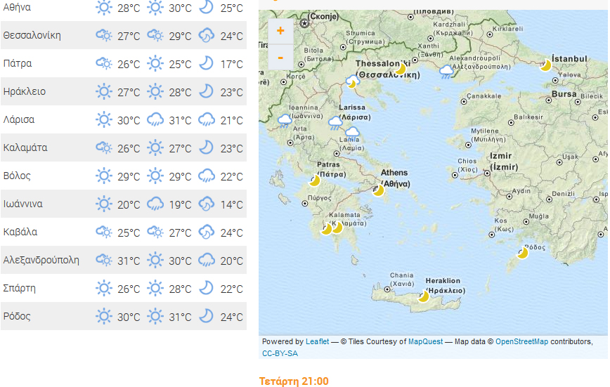 Η πρόγνωση του καιρού για σήμερα Τετάρτη 21.00 το βράδυ