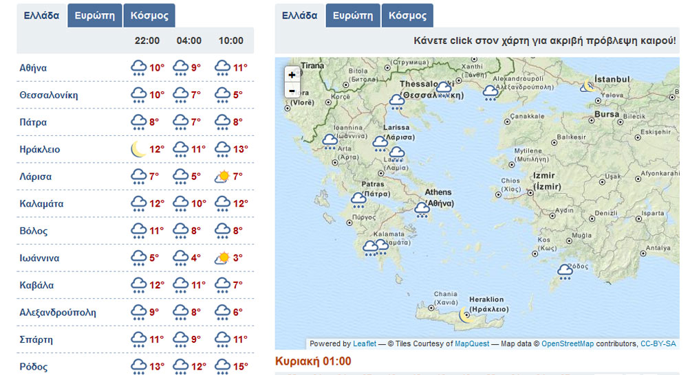 Πρόγνωση καιρού στη 01.00 τα ξημερώματα