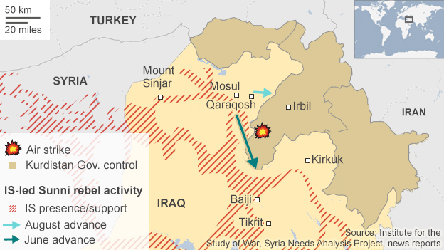 Χάρτης της περιοχής: Το πράσινο βέλος δείχνει την προέλαση των τζιχαντιστών τον Ιούνιο και το γαλάζιο τη στροφή τους προς την πόλη Ιρμπίλ τον Αύγουστο