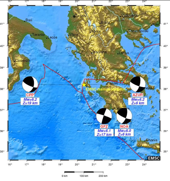 GFZ: Η εκτίμηση του Γερμανικού Ινστιτούτου - ΝΟΑ: Η εκτίμηση του Γεωδυναμικού Ινστιτούτου με βάση το μέγεθος της σεισμικής ροπής