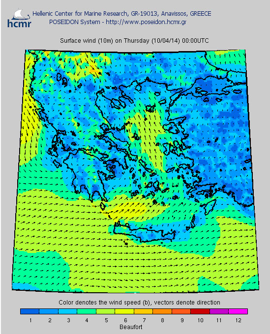Οι άνεμοι στις 00.00 τα μεσάνυχτα της Πέμπτης