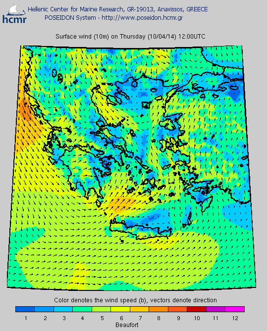 Σύστημα Ποσειδών: Οι άνεμοι στις 12.00 το μεσημέρι