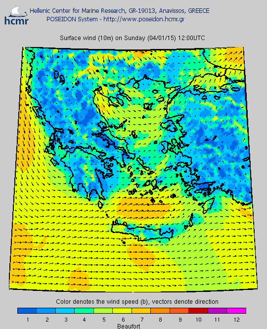 Σύστημα «Ποσειδών»: Αναλυτική πρόβλεψη για την ταχύτητα των ανέμων στις 12.00 το μεσημέρι της Κυριακής