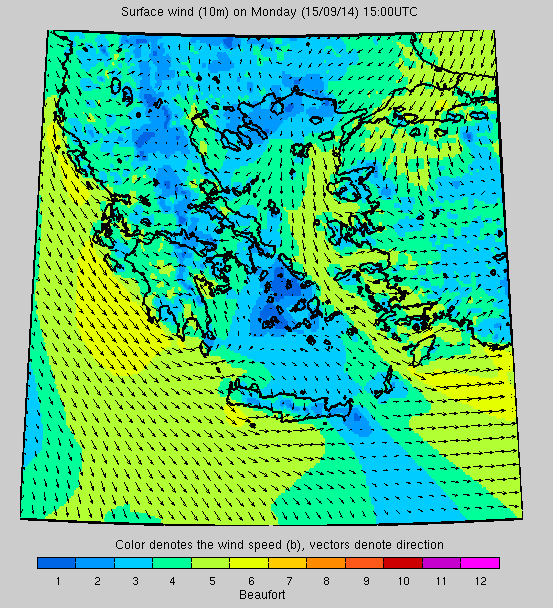 Σύστημα «Ποσειδών»: Η ταχύτητα των ανέμων στις 15.00 το μεσημέρι της Δευτέρας