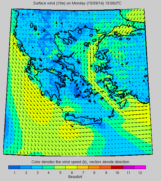 Σύστημα «Ποσειδών»: Η ταχύτητα των ανέμων στις 18.00 το απόγευμα της Δευτέρας