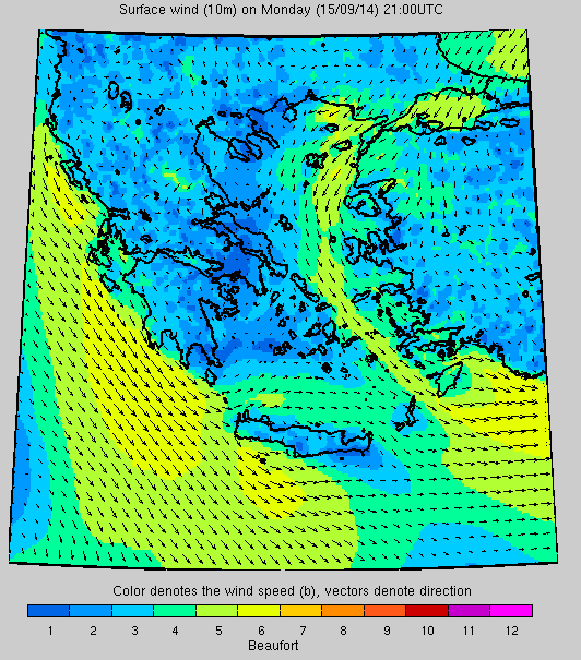 Σύστημα «Ποσειδών»: Η ταχύτητα των ανέμων στις 21.00 το βράδυ της Δευτέρας
