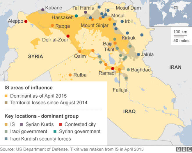 Χάρτης με τα εδάφη που έχει καταλάβει το Ισλαμικό Χαλιφάτο σε Συρία - Ιράκ