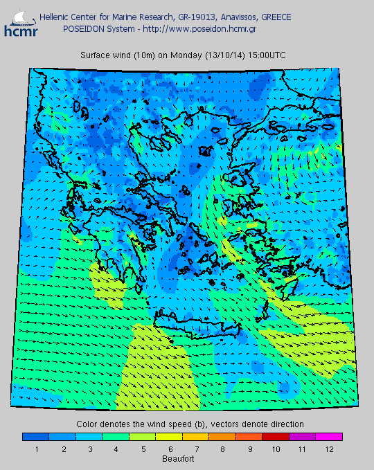 Σύστημα «Ποσειδών»: Η ταχύτητα των ανέμων στις 15.00 το μεσημέρι της Δευτέρας